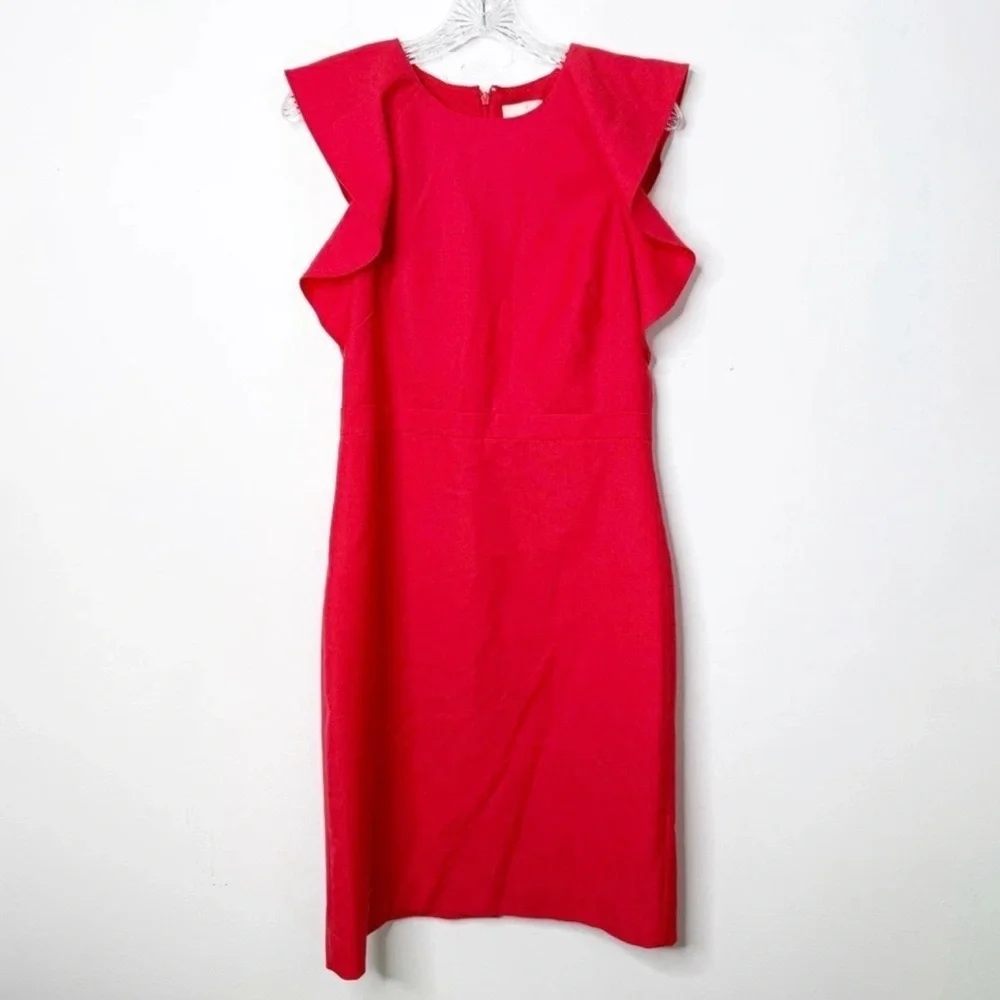J.‎ CREW Suiting Red Flutter Cap Sleeve in Warm Cerise Red Wool Dress Sz. 8